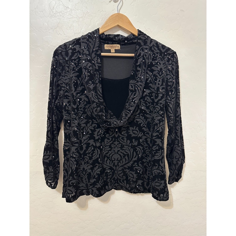 Vintage Notations Womans Y2K Whimsigoth Top Size PXL‎ Velvet Burnout Cowl Neck